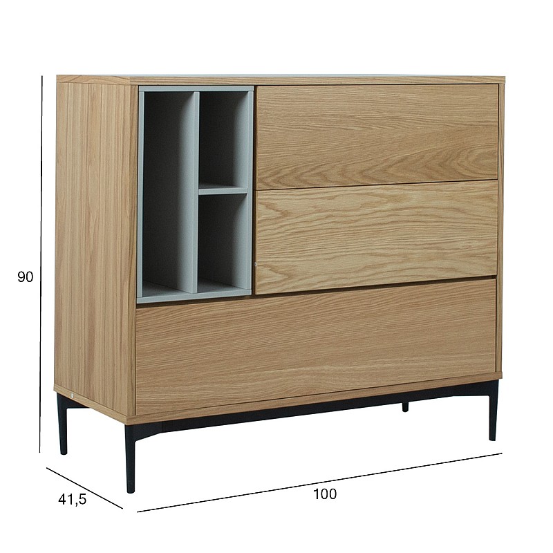 Kumode DELANO 100x41,5xH90cm, MDF ozols / pelēks