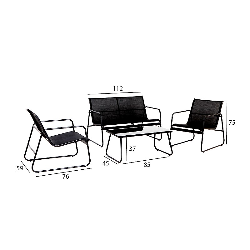Dārza mēbeļu komplekts AIRY galds, sols un 2 krēsli, melni