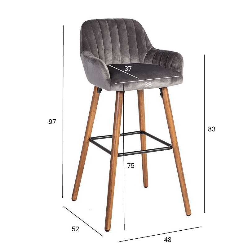 Bāra krēsls ARIEL 48x52xH97cm, sēdvieta un atzveltne: audums, krāsa: pelēks, kājas izgatavotas no dižskābarža