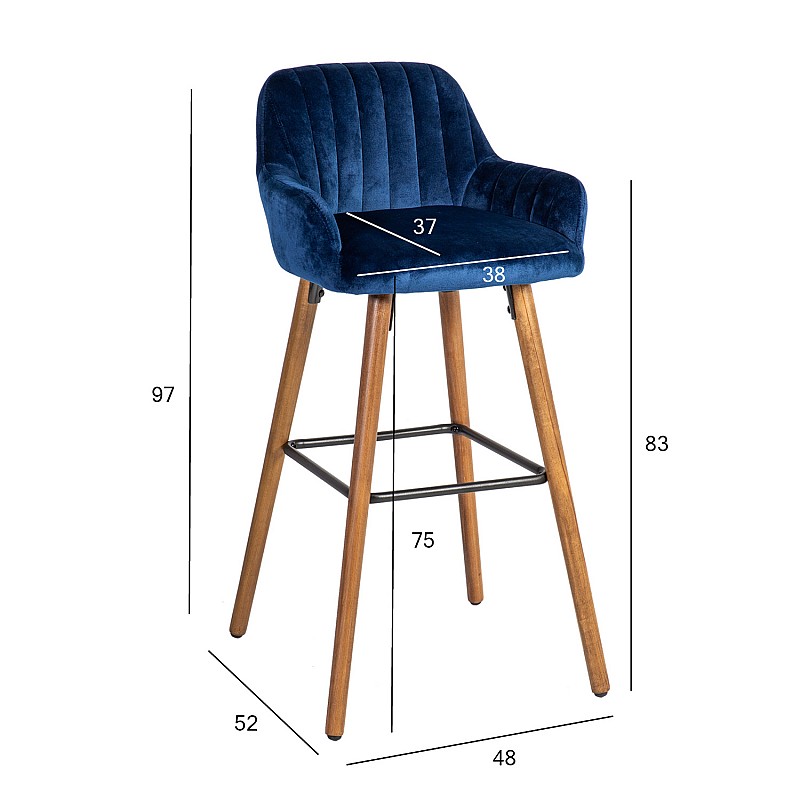 Bāra krēsls ARIEL 48x52xH97cm, sēdvieta un atzveltne: audums, krāsa: zila, kājas izgatavotas no dižskābarža