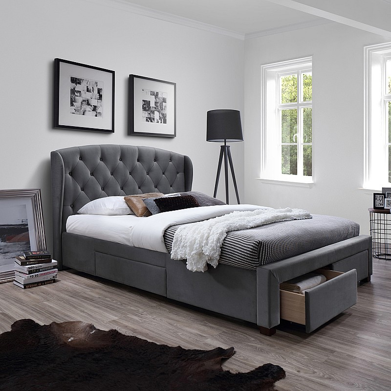 Gulta LOUIS ar 4 kastēm, ar matraci HARMONY TOP (86864) 160x200cm, apšuvums no mēbeļu tekstila, krāsa: pelēka